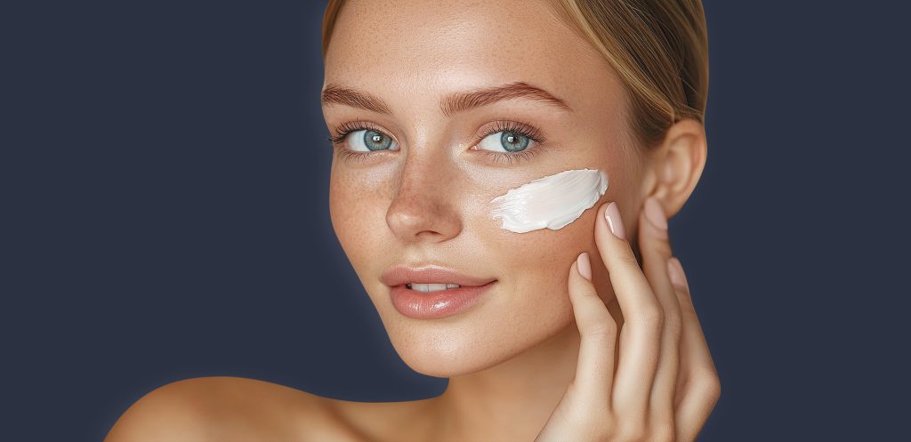 Mujer cuidando su piel en casa tras un tratamiento estético, aplicando productos faciales.